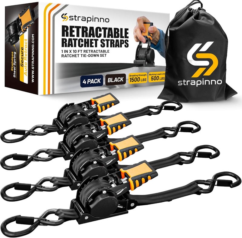 Strapinno Retractable Ratchet Straps 1 in x 10 ft, Secure Tie-Downs with Rubber-Coated Steel Handles, for Motorcycle, Jetski, Kayak, Breaking Strength 1,500LBS/680KG (Black Strap, Black Coated) - Image 1